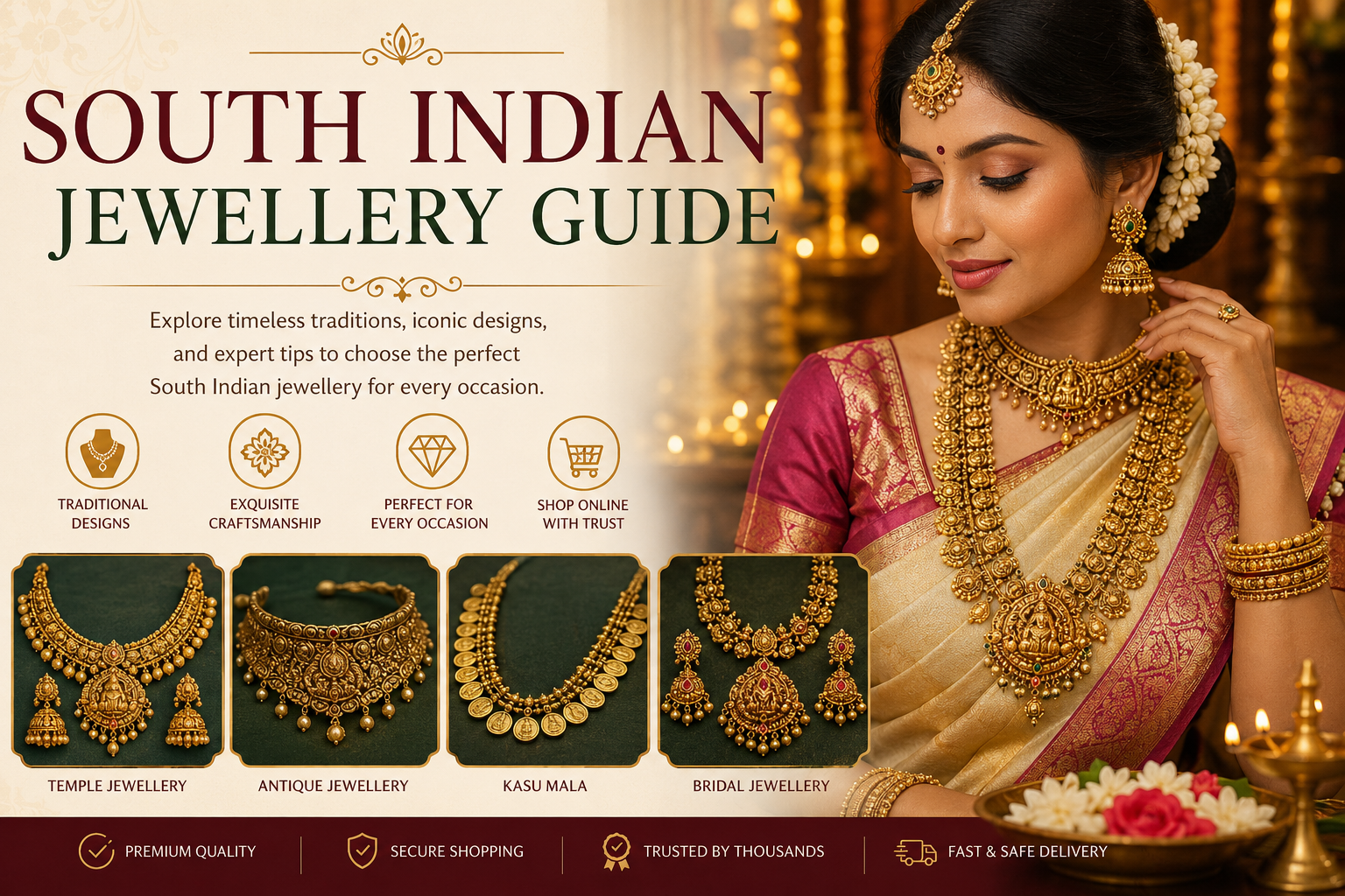 Traditional South Indian jewellery guide banner featuring an Indian woman wearing bridal temple jewellery, antique necklaces, kasu mala, gold earrings, bangles, and silk saree with elegant festive background.