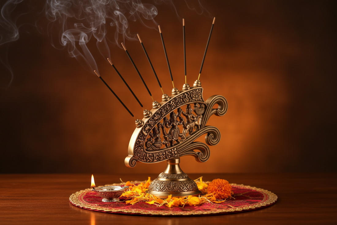 agarbatti holders with incense sticks in a home temple setting showing different types of incense holders for pooja