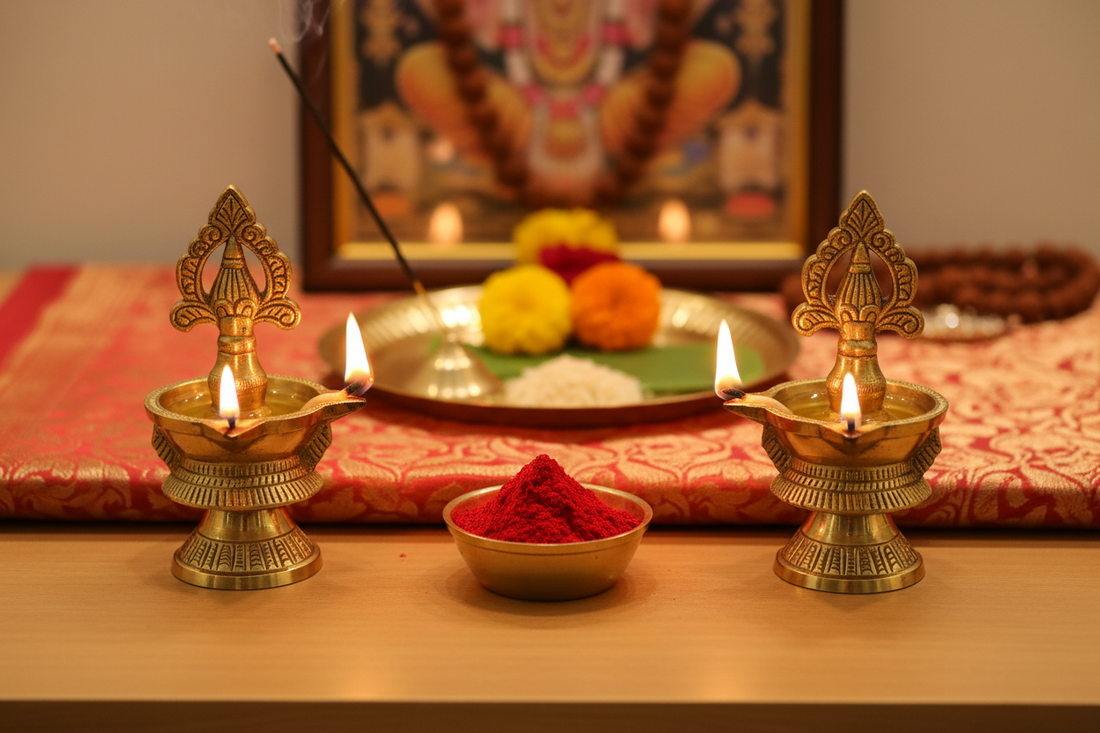 kumkum and brass diya used in Hindu pooja rituals”