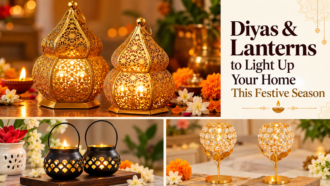 Decorative golden filigree lanterns, black hanging lanterns, and crystal candle holders from PunyaPath's festive diyas and lanterns collection