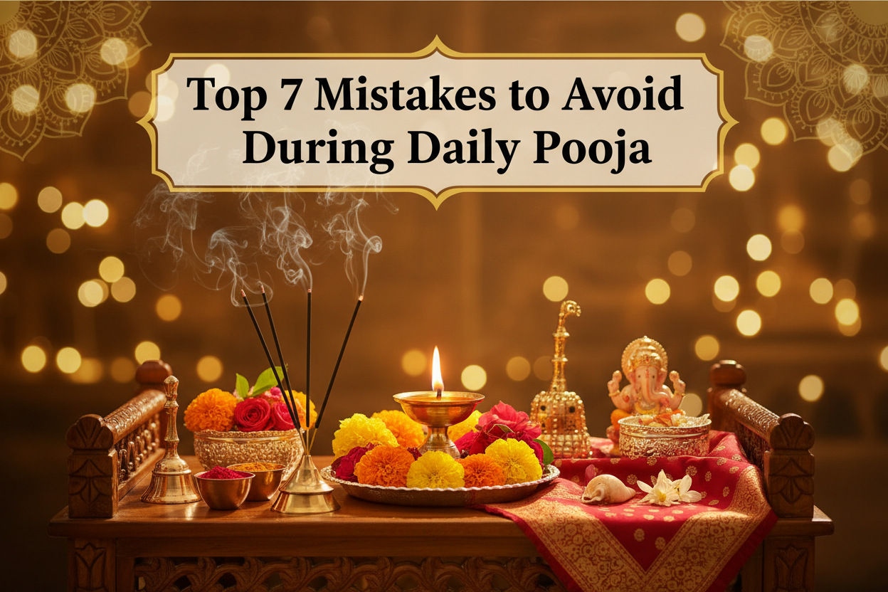 “Daily pooja setup with diyas, flowers, and idols showing common pooja mistakes to avoid.”