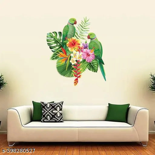 Vastu Green Parrot & 2 pcs switch board stickers Self Adhesive Paper Wall Sticker Poster - (Multicolour), Beautiful Flower & Parrot Rangoli