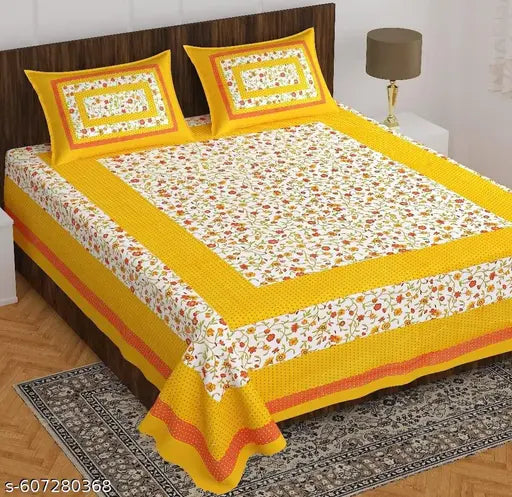 Jaipuri Cotton Double Bedsheet with 2 Pillow Covers | Premium Floral Print Yellow Bedsheet for Bedroom Décor