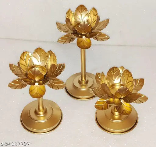 modern Golden tealight holder has stylishly shaped Lotus Tea Light Candle Holder Stand for Flower Shape Metal Beautiful Design Home Decoration Festival Occasions  Combo Pack of 3