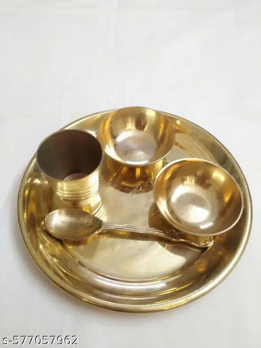 Leepax Brass Pooja Thali Set | Brass Pooja Traditional Bhog Arti Thali Set/Bhog Bartan/Prasad Bartan Small Utensils Set of 5 Pcs Plate, Spoon, Glass & 2 bowls Ideal for Home, Office, and Temple