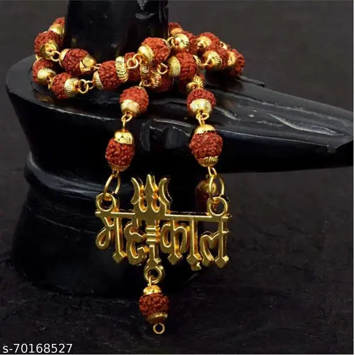 19 J JEWELS- Mahakal Pendant with Trishul Panchmukhi Rudraksh Locket Mala (10mm 36 Beard) Gold Plated Wood Chain (Pack of 1).