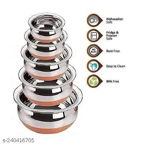 Stainless Steel Copper Base Serving Bowls Handi Set of 5 Pieces , Handi Set with Serving Bowl Set/Cookware Set/Sauce Pot and handis (250ml, 500ml, 1000ml, 1500ml, 2000ml)
