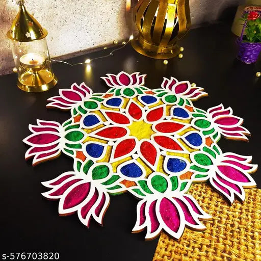 PresentAura 12 Inch Reusable Wooden Rangoli Stencil Mat – Easy to Use Rangoli Template for Festivals | MDF Base | Fill with Colors, Flowers, Pulses | Traditional Design