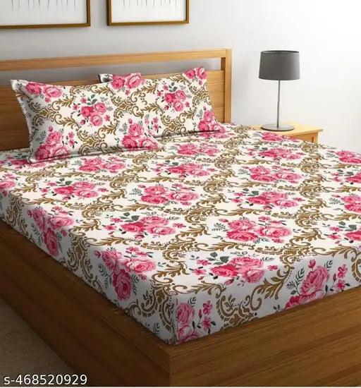 Glace-Cotton Bedsheets For Double Bed With 2 Pillow Covers