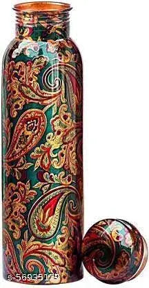 Mundal Pure Copper Water Bottle - Reusable Hand Printed Bottles | Perfect Ayurvedic Copper Vessel for Sports, Fitness, Yoga, Natural Health Benefits (Floral Indian Green)