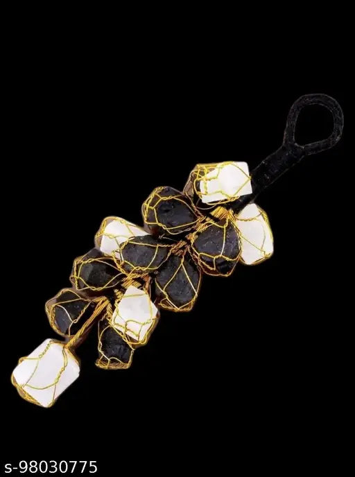 Swara Agate Natural Handcrafted Black Tourmaline and Selenite Hanging Ornament Selenite and Tourmaline Rough Chunks Hanger Protection from Negative Energy & Evil Eyes