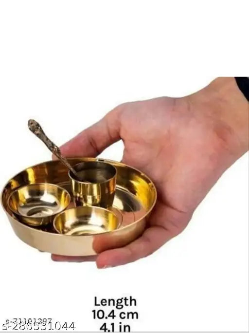 Vaibhab puja articles Brass Laddu Gopal Bhog Thali Set with 2 Katori, 1 Glass, 1 Spoon for Temple Home Décor (5 Pieces, Gold) Brass  (1 Pieces, Gold) Bartan