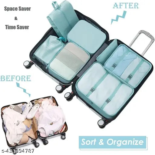 ( Multicolor) Travel Organizer 7 in 1 Travel Laundry Cosmetics Luggage Packing Organizers Set Makeup Bags Organizer Packing Cubes with Shoe Bag for travel, Nylon