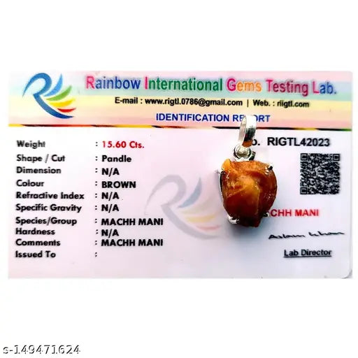 Lab Certified Machh Mani Pendant 8.25 - 10.25 Ratti Machh Mani Locket sea stone Pendant in White Metal Silver Plated Reduce and Remove Impact of Rahu, Ketu, Sani and Moon. (Meen Mukta, fish stone Pendant)