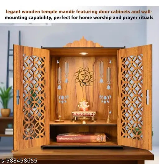 UTILITY Wooden Temple Mandir for Home with Door Cabinets | Beautiful Pooja Unit with Storage Space | with LED Light and Wall Mounts | Elegant Pooja Mandir for Home Big Size(H-21, L-17 B-11 inch)