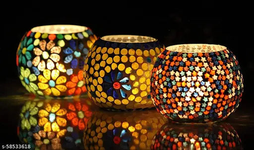 Mosaic Work Glass Candle tealight Holder for Home Decoration of Bedroom guestroom II Candle Light Dinner Decor II Set of 3 II Deepawali Decoration ( Showpiece )