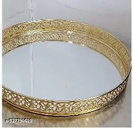 Decorative Round Mirror Tray for Home Décor | Golden Metal Vanity Tray with Floral Design | Centerpiece for Table, Makeup, Perfume, Candle & Festive Decor | Elegant Gift Item