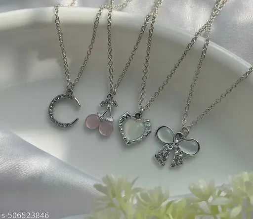 Beautiful Necklace Set of 4 Stylish trendy Silver plated American diamond charm pendant necklace for women and girls. | Accessories | Gift | Korean | Minimal | Neckpiece | Aesthetic Jewellery