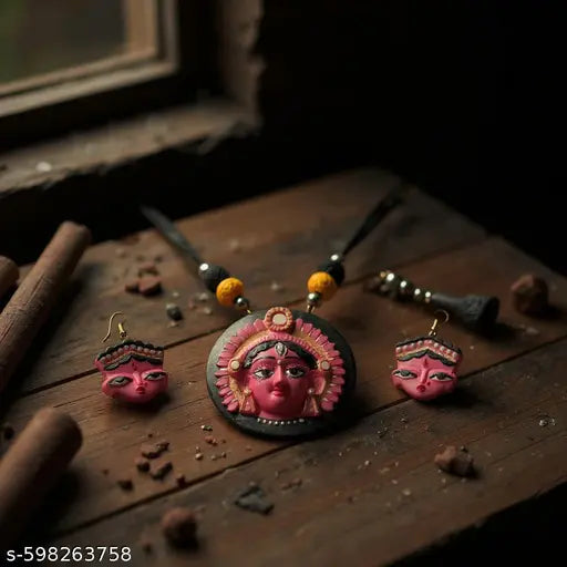 Goddess Durga Terracotta Statement Jewelry Set for women-festive collection ,