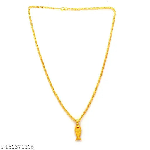 Jewar Mandi Fine Gold Plated Fish Locket Brass Pendant Designer Jewellery with Chain for Men