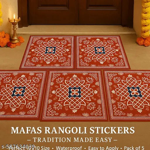 Mafas Kolam Rangoli Sticker Set – 10x10 Inch – Pack of 5 – Elegant Waterproof Floor Décor for Wedding, Housewarming & Griha Pravesh