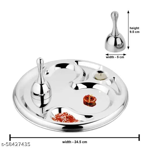Stainless Steel Om Special Puja Thali Set of 2 Items, Thali with Ring Bell(Ghanti), for Home and Office Temple and Pooja Room, for Diwali, Navratri Poojan/Pooja Room/Diwali Gifting - Silver | Pooja Thali Set | Pooja Thali for Rakhi | Pooja Thali Large