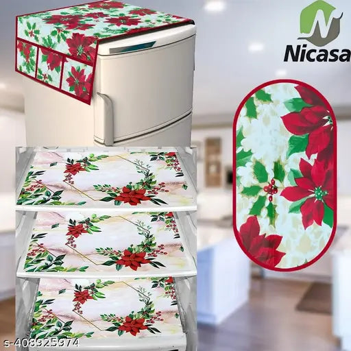 Nicasa HD Preimum Quality Fridge Top Cover with 1 pec of Handlle and 3 pec of Fridge Mat - Set of 5