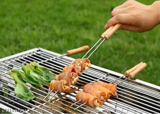 High Quality Pack of 5 (Size 12 Inch) BBQ wooden Stick , Barbecue Skewers, Barbecue Sticks for BBQ Tandoor, Grill | Stainless Steel Stick with Wooden Handle, Pack of 5