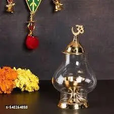 SriMaa Ventures Brass Om Akhand Deepak with Crystal-Clear Glass Cover Religious Diya/Deepak for Mandir Shelf, Diwali Setup, Devotional Puja, Home Positivity