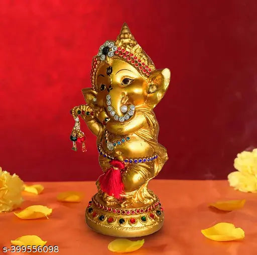 Once & Again Golden Finish Ganesha Idol showpiece for Prayer, Puja,Living,Home,Office,Ganesha Playing Bansuri with Tealight Holder, Ganesh Chaturthi,Best Decorative Gifts,Murti, Unique Decoration Antique, Classic, Modern, Traditional Ganesha Showpiece, Gi