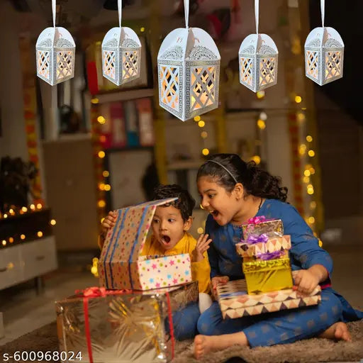 Paper Hanging Lantern with LED Diya Lights | Pack of 10 Decorative Lanterns with T-Light Votives | Diwali, Christmas, Wedding & Party Decoration