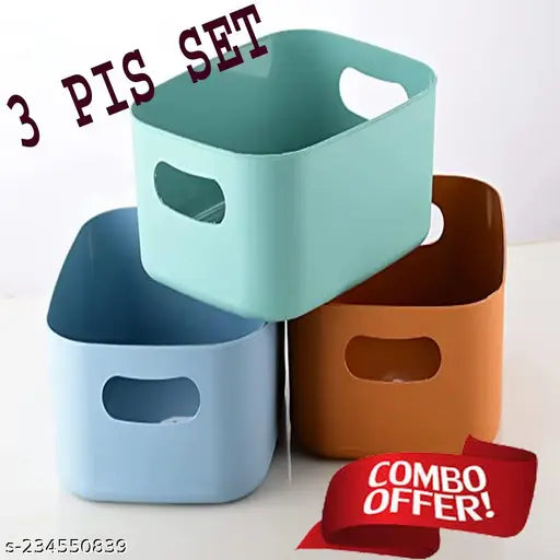 Plastic Storage Basket Multipurpose Colorful for Kitchen & Home Organizer Box for Wardrobe, Fruits Vegetables, Toys, Stationary Items (Storge Basket Without Lid-3Pcs)