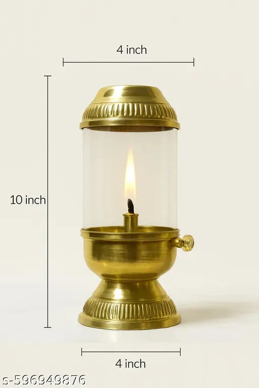 Premium Antique Brass Hurricane Oil Lamp with Glass Chimney – 10 Inch Height, 4 Inch Width, Perfect for Home Décor and Pooja