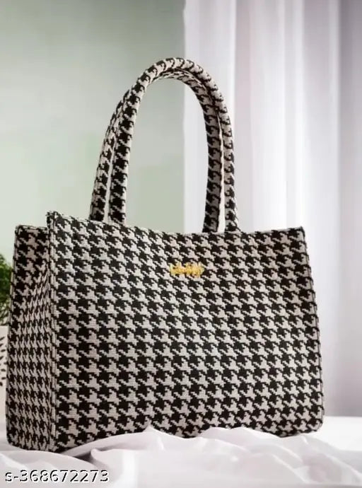 Women Fancy Fabric Handbag (Black, White)