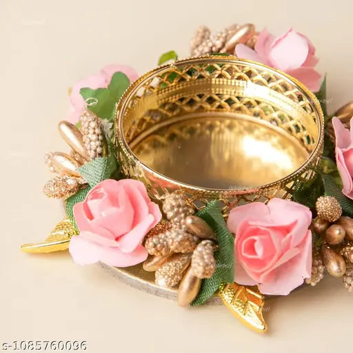 Metal Flower Diya Set of 5 with Wax Candles | Decorative Tea Light Holders