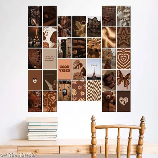 KARTMEN Brown Aesthetic Wall Collage Kit for Room Decor | Set of 32 Aesthetic Posters | 350 GSM Paper | Size 4x6 Inch | Poster | Included Glue Dots