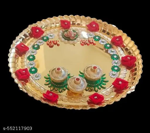 P.A. Decorative Golden Pooja Thali Set with Ganeshaji/Haldi kumkum Holder/Rolli chawal Plate for Rakhi,Wedding,Festival.[10 Inch]