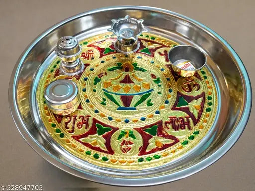 Pooja Thali Meenakari Stainless Steel 11 Inch | Traditional Decorative Puja Thali for Aarti Home Temple
