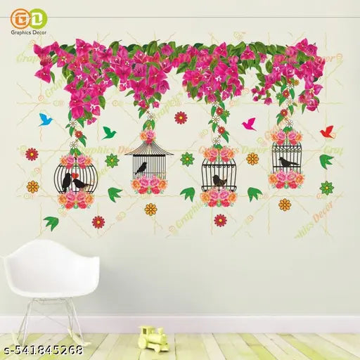 Graphics Decor | Tree Below Hanging Cages with Flower & Birds Pink Wall Sticker (86 x 54 cm)