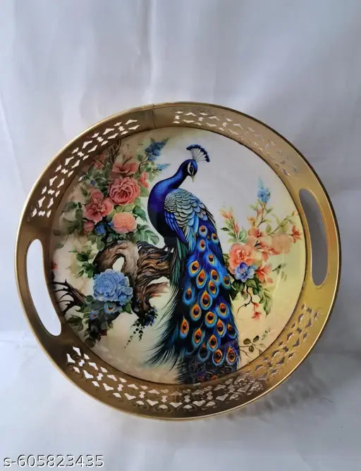 Elegant Peacock Design Tray & Jar