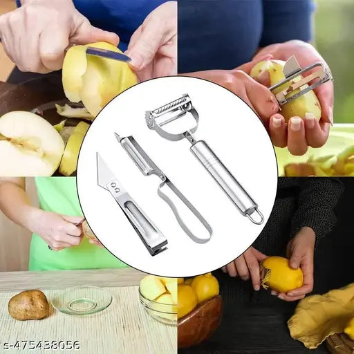 OXMEZA 3 in 1 Kitchen Vegetable and Fruit Peeler, Stainless Steel, Multifunctional Fruit Peelers with 3 Blades Stainless Potato Peeler Stainless Steel Shredder Slicer for Cabbage, Apple, Carrot (3 Pcs Set)