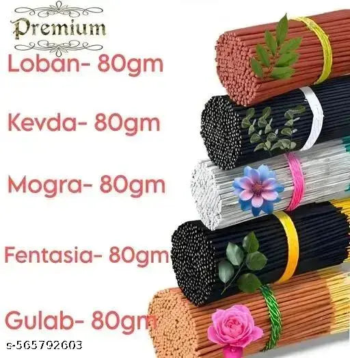 Dwarkesh Agarbatti Mogra (80 gm), loban (80 gm), Gulab (80 gm), Kewda (80 gm), fantasia (80 gm) Agarbatti/Incense Sticks pure fragrance