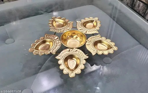 Traditional Brass Diya Set for Pooja | Decorative Golden Oil Lamp for Temple, Home Décor & Festivals (5 + 1 Holder)