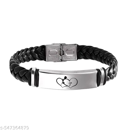 M Men Style Alphabet P Letter Braided Leather Weave Bracelets for Mens Women Buckle Clasp jewelry Genuine Bracelet Wristband Vintage Cuff Jewelry Friendship Couple  Black  SBr2025485