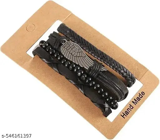 Leather Bracelet Set, 4pcs Black Genuine Braided Leather Bracelets, Tribal Woven Ethnic Wrap Infinity Bracelet for Men & Boys