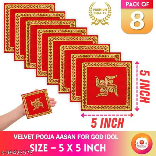 Bhakti Lehar ( 5 X 5  Inch) Small Size Embroidered Swastik Design Red Velvet Chowki Aasan Cloth for Home Mandir, Temple and God Idol Sitting - Pack of 8