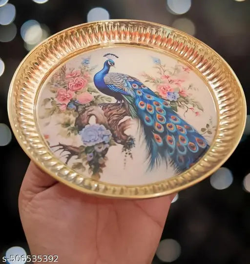 SriMaa Ventures 6 Inch Peacock Flowers on Brass Plate for Incense Holder, Puja Samagri, Aarti, Bhog Thali, Traditional Rituals