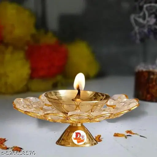 ELITETOUCH   Brass glass Plate Diya Round Shape Deep Akhand Jyoti Oil Lamp for Puja and Home Decor