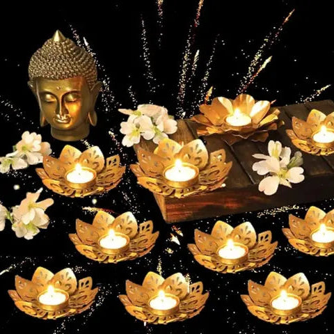 Set of 10 Gold Lotus Tea Light Candle Holders – Diwali Decor, Pooja Room & Home Decoration