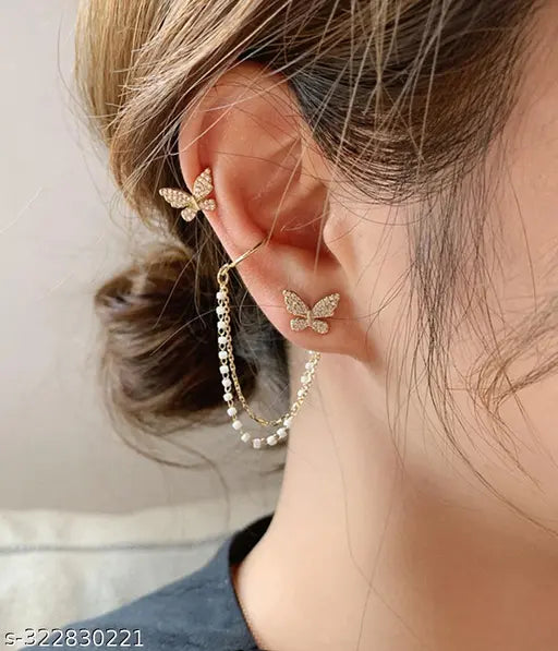 TheVineGirl Korean Pearl Chain Ear Cuff Butterfly Stud Earrings For Women/Girls